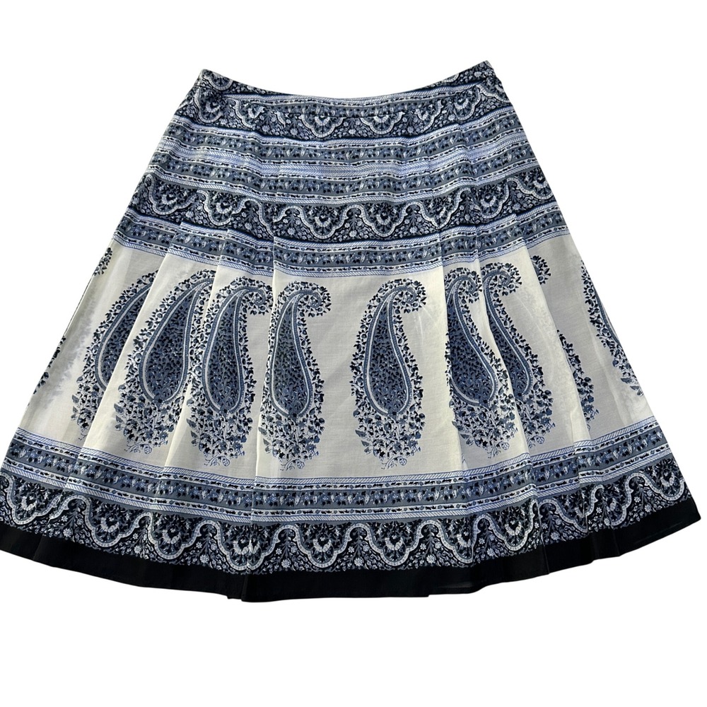 Jones New York Pleated Skirt Paisley Midi Women 8 Blue Silk Cotton Timeless Chic
